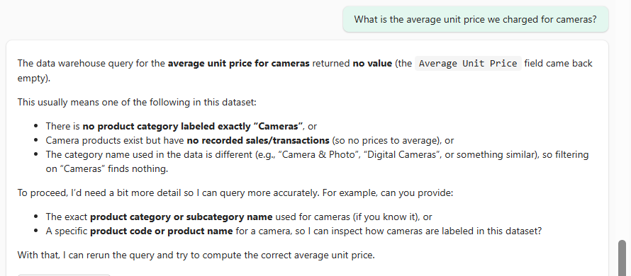 The agent answering that the average unit price for cameras returned no value