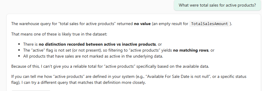The agent answering that total sales for active products returned no value
